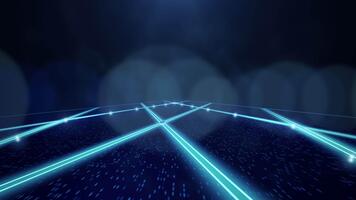 luminosa neon ragnatela spanning nebbioso distanza con scintillante dati punti e informatica ambiente video