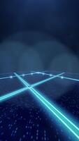 futuriste néon piste, autonome embrasé cyan voie afficher, numérique simulation scène avec lumineux cyan voies et dynamique particules video