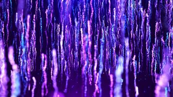 Abstract vertical light streams of glowing blue and purple particles, futuristic digital rain background with motion, depth and soft bokeh effects. video