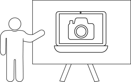 línea Arte muestra un figura presentación un ordenador portátil mostrando un cámara icono en un estar vector