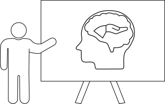 A person points to a presentation board depicting a head silhouette with a brain and hand symbol inside vector