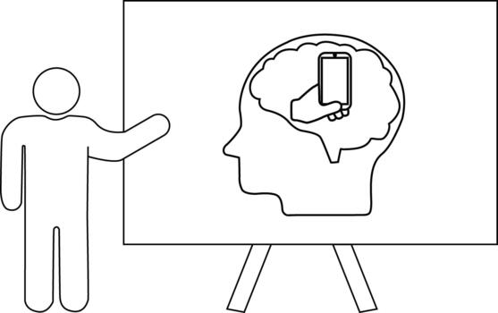 un palo figura señalando a un tablero demostración un cabeza perfil con un teléfono en el cerebro vector