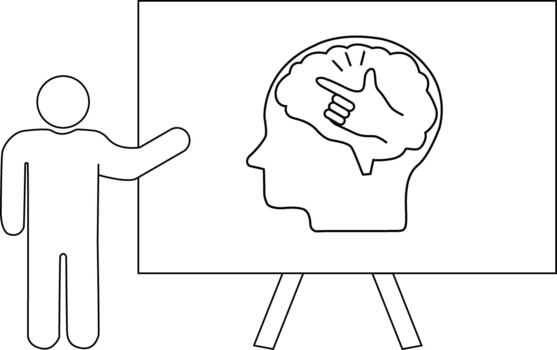 Line drawing of a presenter pointing to an easel with a head brain and hand illustration vector
