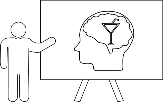 Stick figure pointing to a whiteboard showing a head profile with a drink in the brain vector