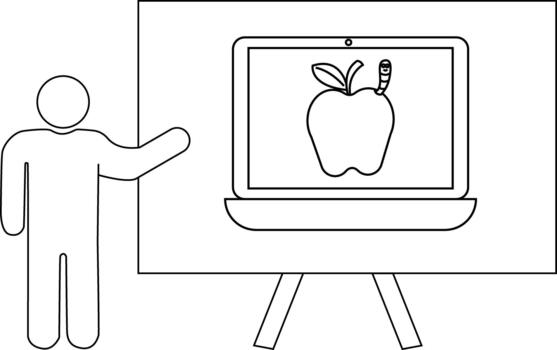 ilustración de un palo figura presentación un pizarron mostrando un ordenador portátil con un manzana y gusano imagen vector