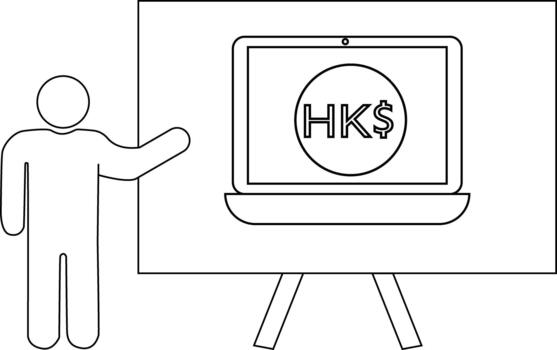 un palo figura regalos un ordenador portátil mostrando el hk moneda símbolo en un estar en contra un llanura antecedentes vector