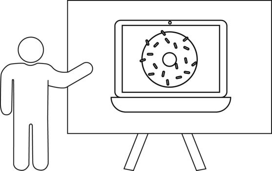 figura regalos ordenador portátil mostrando un rosquilla en un caballete mínimo diseño vector