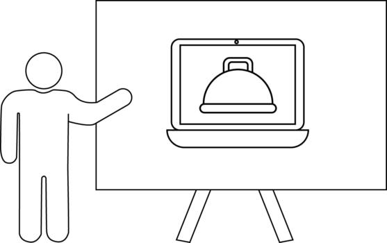 un palo figura señalando a un pantalla con un cubierto plato en un caballete vector