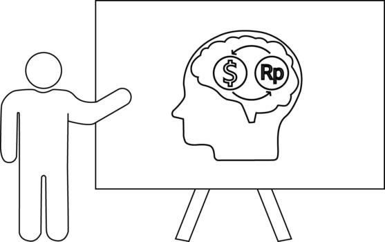 A stick figure points to a whiteboard displaying a profile with money symbols in the brain vector