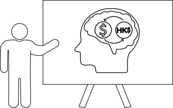 un presentador puntos a un gráfico de un cabeza conteniendo dólar y hk dólar símbolos con flechas Entre ellos en un presentación tablero vector