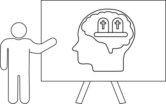 línea dibujo muestra un presentador señalando a un cerebro con lápidas en un tablero vector