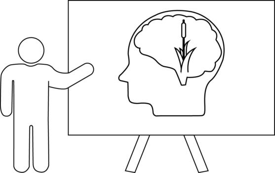 Stick figure presenter gesturing towards an easel displaying a head with a reed inside the brain vector