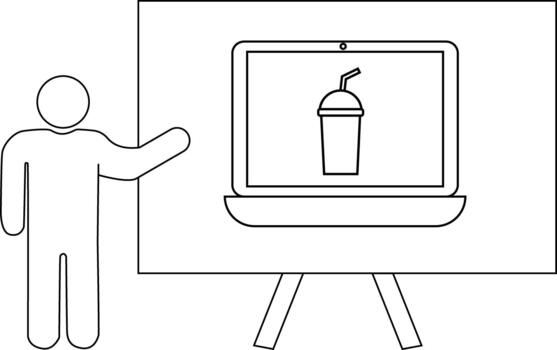 un persona gesticulando a un ordenador portátil mostrando un bebida conjunto en un estar vector