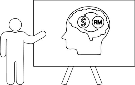 palo figura dando un presentación en un cabeza con dinero intercambiando en el cerebro en un pizarron vector