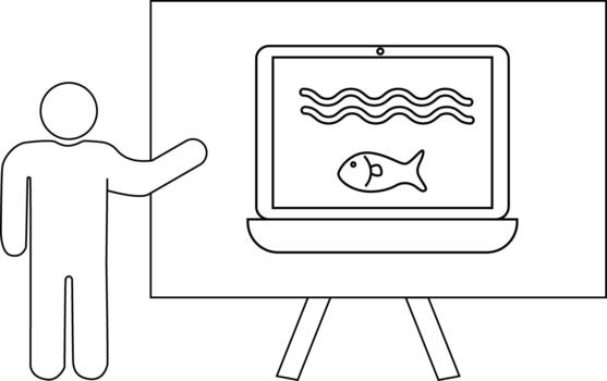 línea dibujo muestra un presentador siguiente a un tablero mostrando un ordenador portátil con un pescado imagen vector