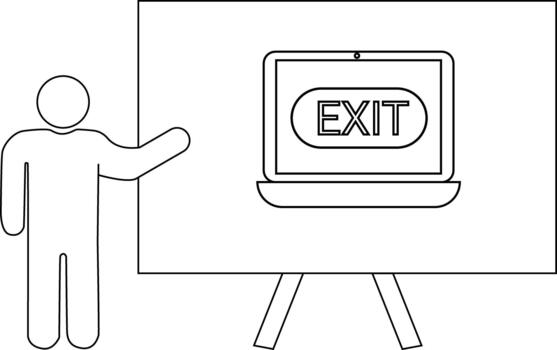 Line art depicts a person gesturing to a screen displaying EXIT on a stand vector