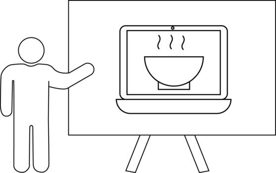 figura gestos a un ordenador portátil monitor demostración un cuenco de comida de sopa en un presentación tablero vector