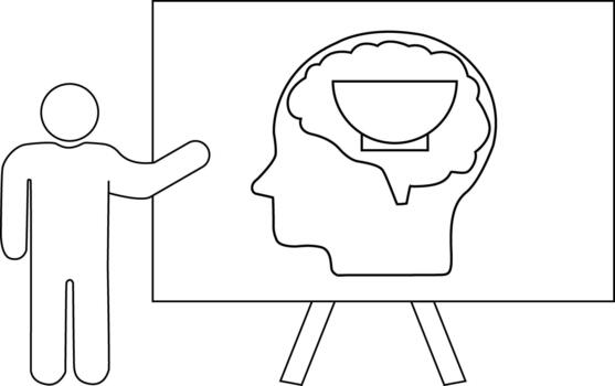 Illustration of a presenter pointing to a brain with a bowl inside on an easel vector
