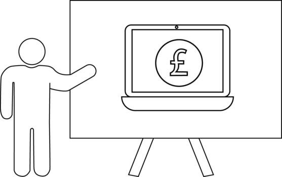 línea Arte representa un palo figura presentación un pantalla con un libra símbolo en un caballete vector