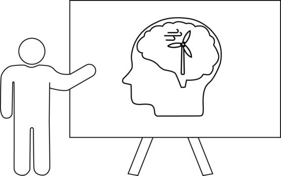 línea Arte muestra un persona presentación un pizarron con un perfil de un cabeza con un viento turbina en sitio de el cerebro vector