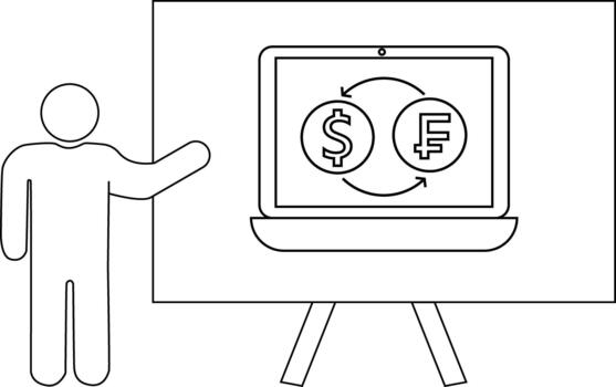 persona puntos a un ordenador portátil mostrando un dólar firmar un franco símbolo con flechas demostración el intercambiar vector