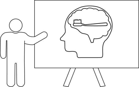 un presentador gestos hacia un caballete mostrando un cabeza perfil con un cerebro conteniendo un cepillo de dientes vector