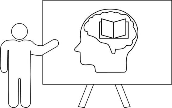 persona señalando a un pizarron con un cabeza contorno y libro en cerebro vector