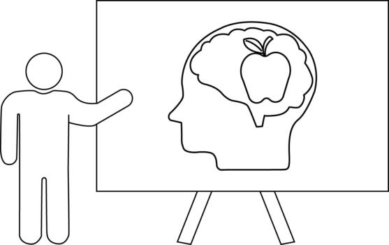 Line drawing Figure pointing to an easel with a head profile containing a brain and an apple vector