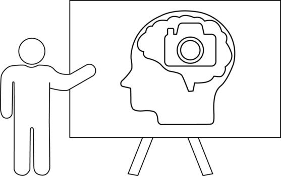 Line drawing Person points at braincamera image on display vector