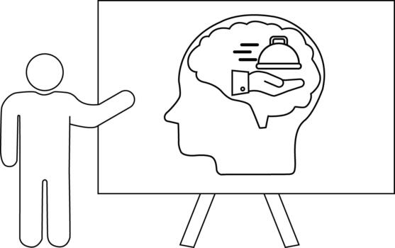 Outline depicts a person gesturing towards a presentation board with a head containing a serving tray in its brain vector