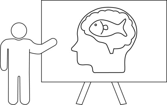 Line drawing shows a stick figure presenting an image of a head with a fish in its brain on a stand vector