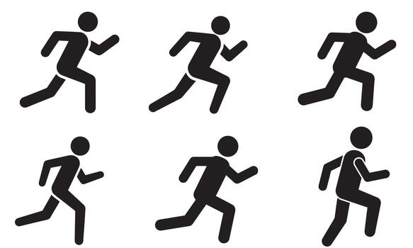 A collection of running stick figure icons illustrating motion and animation frames for design vector