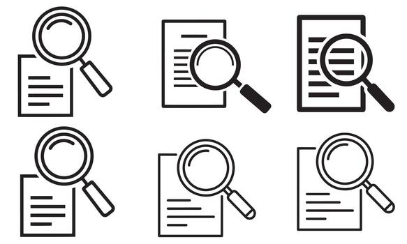 un colección de seis aumentador vaso íconos terminado un documento representando archivo buscar y revisión vector