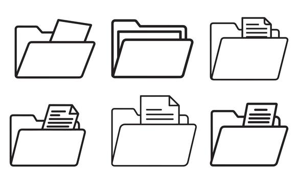 seis minimalista negro y blanco línea íconos representando computadora carpetas y documentos vector