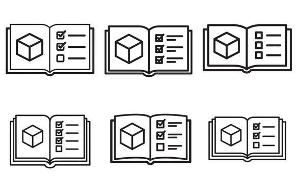 Line art icon set of a manual or checklist with a 3d box for product documentation vector