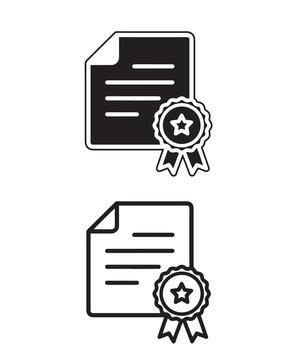 A solid and line art icon representing a document with a certificate ribbon. vector