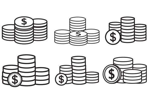 Set of various money coin stack icons for financial and business concepts in line art style vector