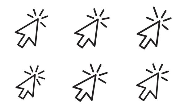 Six different styles of click mouse cursors, illustrating user interaction icons for interfaces vector