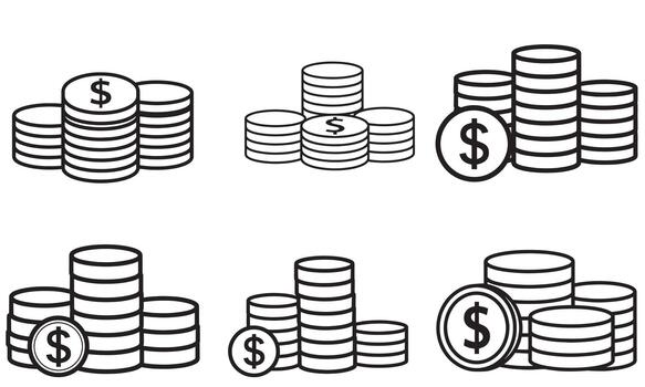 Different variations of coin stack icons representing finance, savings, and investment concepts. vector