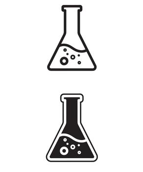 Simple black and white laboratory conical flask icon set with bubbles inside vector