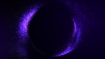 partículas energía túnel desde plasma fractales en oscuro Violeta azul tecnología antecedentes. profundo púrpura fluido ciencia fi vórtice giratorio en espacio. brillante bokeh bucle. suave polvo de estrellas partículas galaxia video