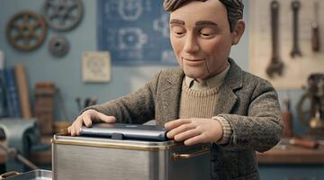 Stop motion style puppet character unboxing a modern smartphone device in a vintage industrial workshop setting with tools and blueprints video