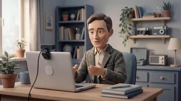 3D animated instructor teaching remote class in home office using laptop and webcam with claymation stop motion style video