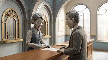 robot banco cajero ayudando un cliente a un encimera, señalando a un documento en un retro futurista detener movimiento animación estilo con industrial estética video