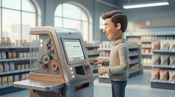 3d animerad karaktär använder sig av själv kolla upp kiosk i mataffär med retro industriell kugghjul och lerbildning stil texturer video