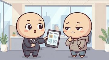 tecknad serie försäkring ombud granskning påståenden på en läsplatta med en klient i ett kontor, terar chibi animering stil, klar politik förklaring, och kund övergång från tvivel till lättnad video