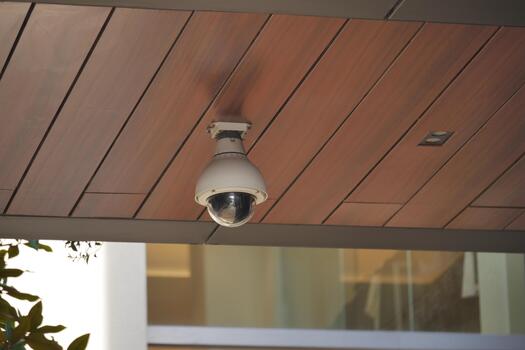 Security camera placed under the roof of a building photo
