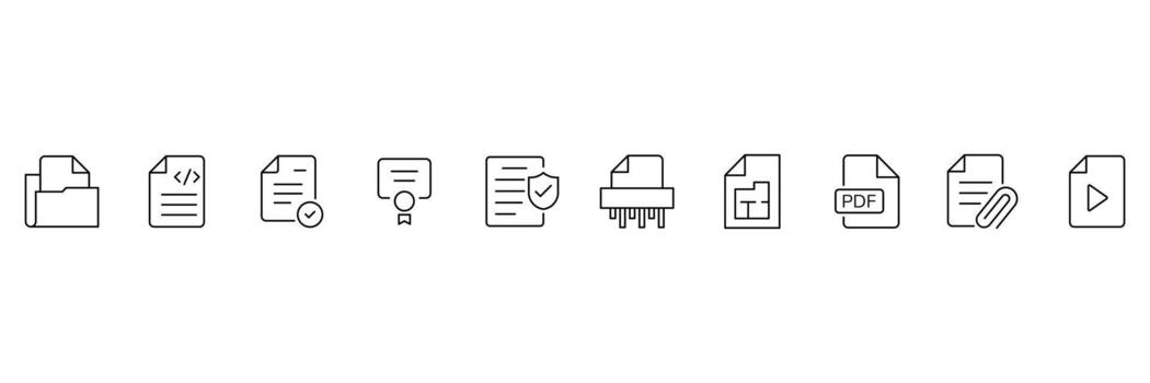 Document set web icons in outline. Set of document Icons. Containing contract papers, folder, certificate, accept, approved, clipboard, invoice, archive and more. vector