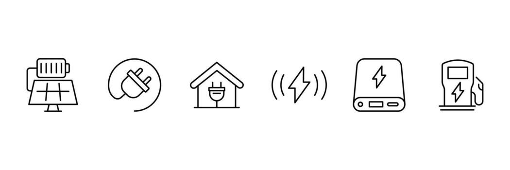Charging Web Icon Set in Line Style. Charging icons set. Featuring electrical, transport, load, power, plug, and more. Containing charge, battery, energy. vector