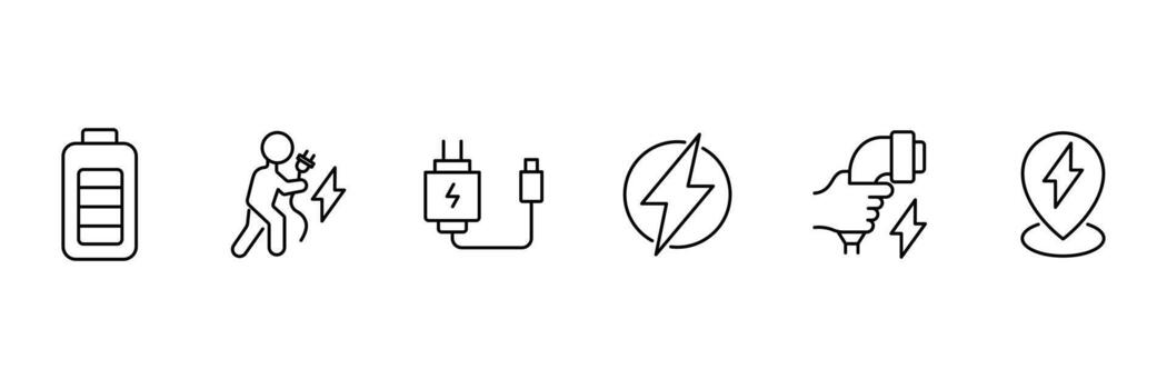 Charging Web Icon Set in Line Style. Charging icons set. Featuring electrical, transport, load, power, plug, and more. vector